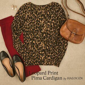 HALOGEN Pima Cotton Blend Leopard Print Pullover Sweater Women’s M Ballet Neck